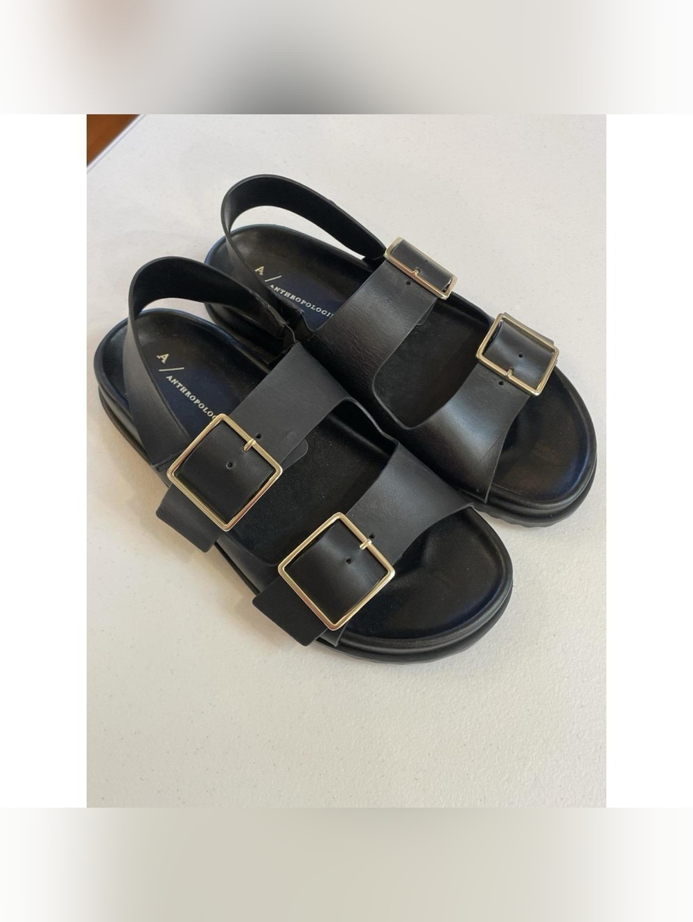 Anthropologie Square Buckle Sling back Sandals 7 Black Summer Casual Preppy